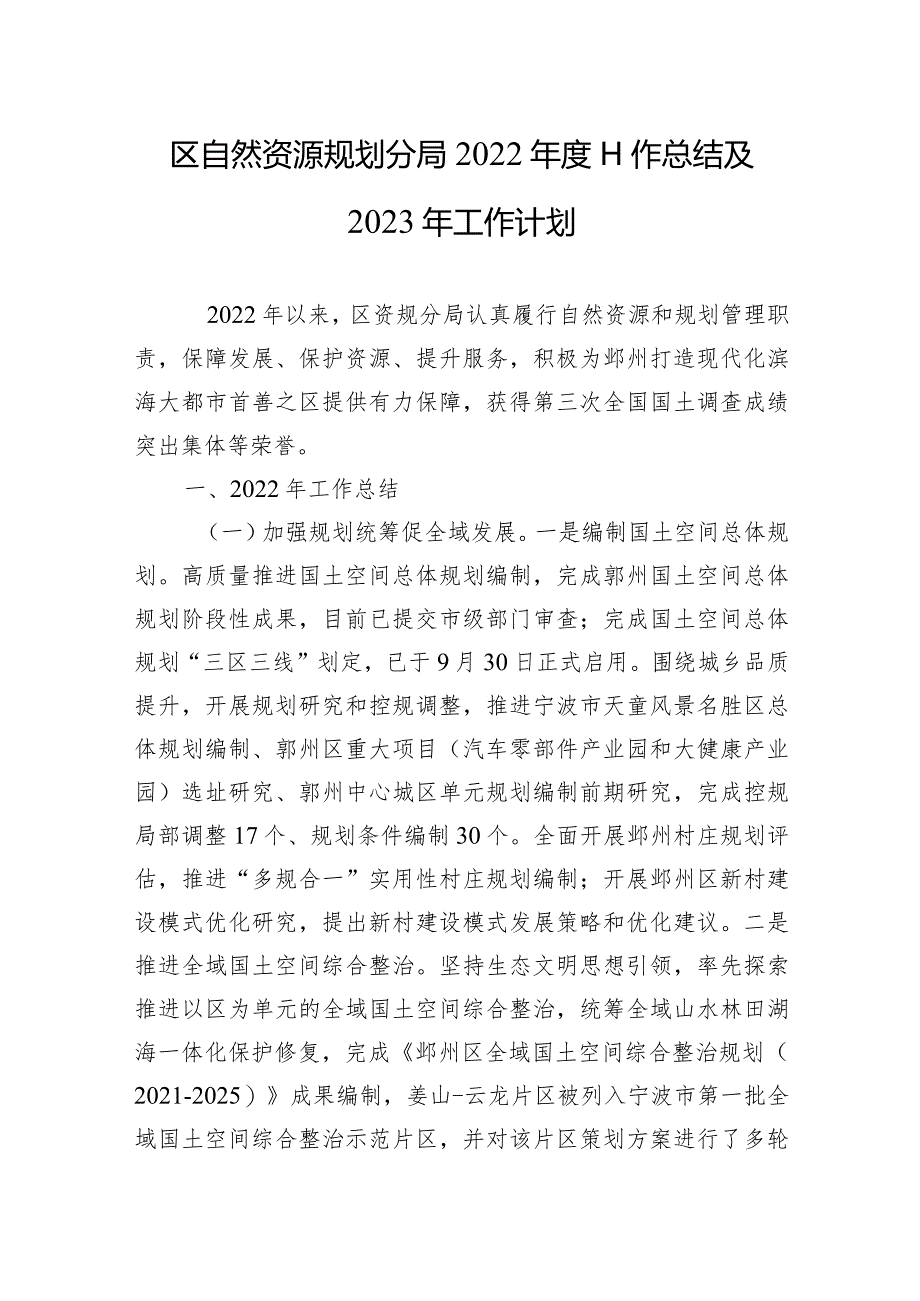 区自然资源规划分局2022年度工作总结及2023年工作计划.docx_第1页