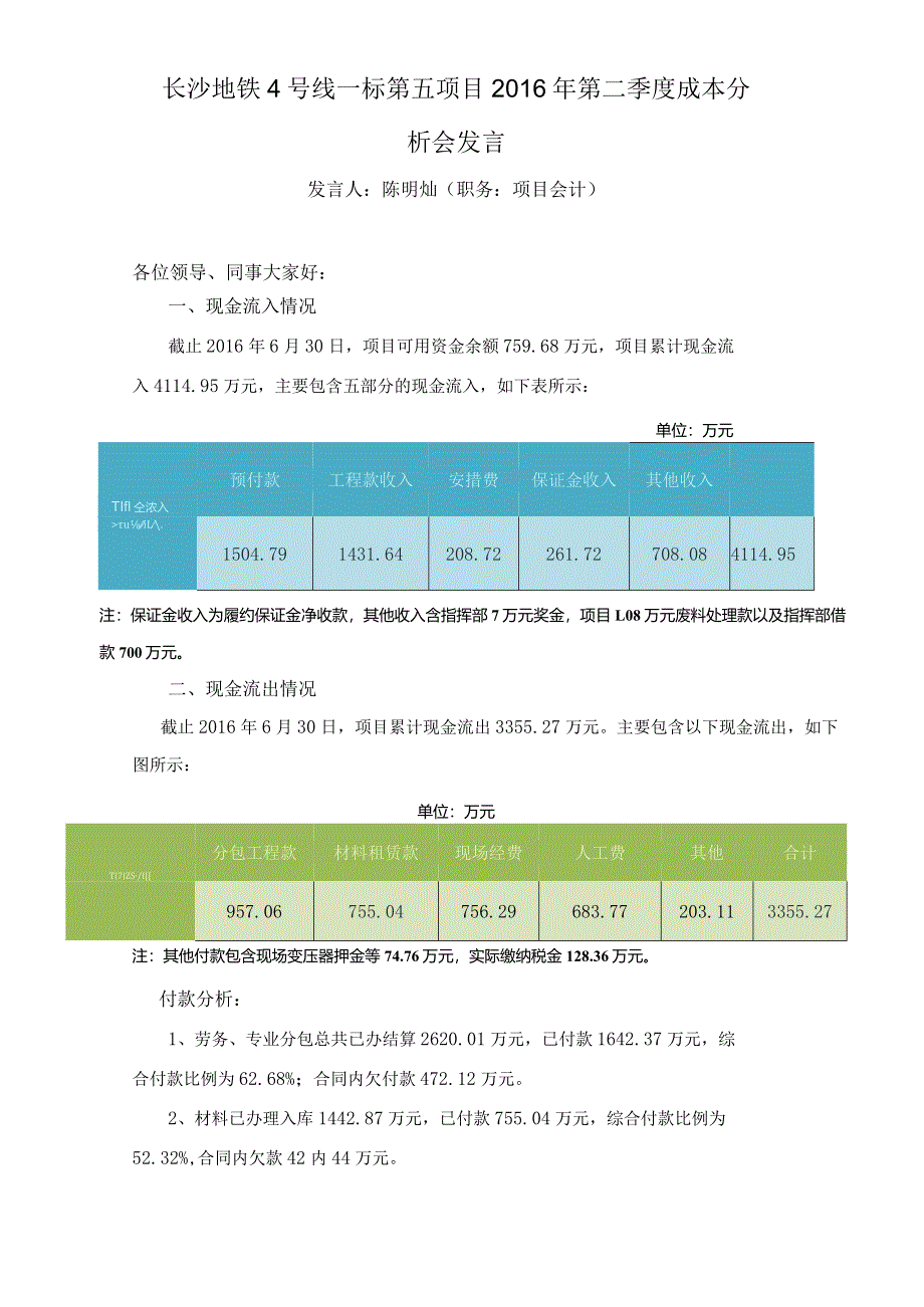 2016年二季度成本分析会发言材料（财务资金-陈明灿）.docx_第1页