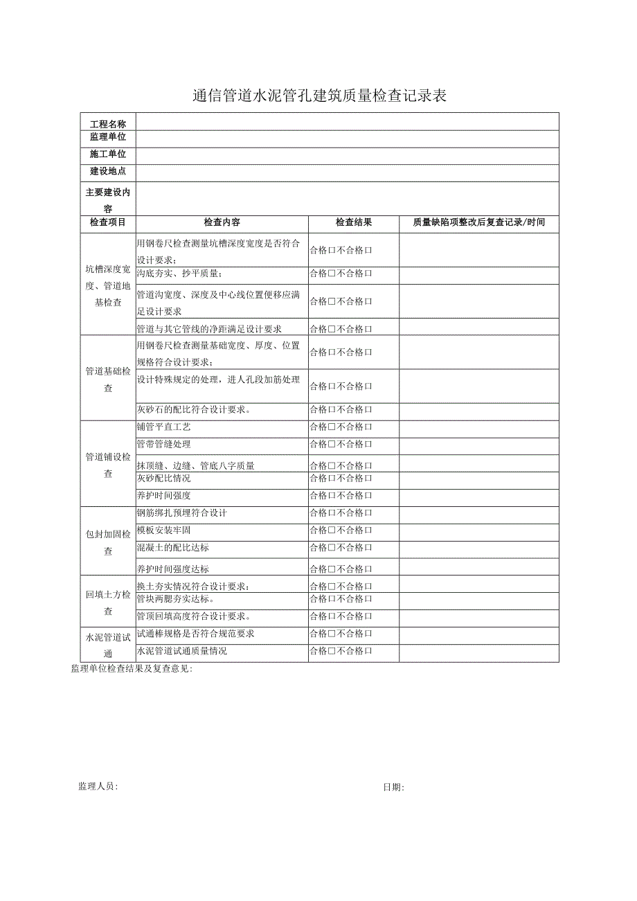 通信管道工程质量检查记录表.docx_第1页