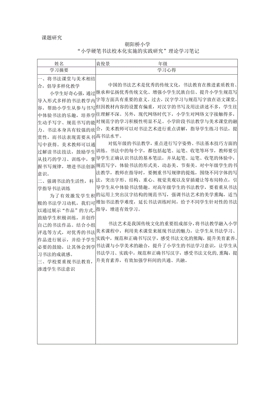 课题研究朝阳桥小学“小学硬笔书法校本化实施的实践研究”理论学习笔记.docx_第1页