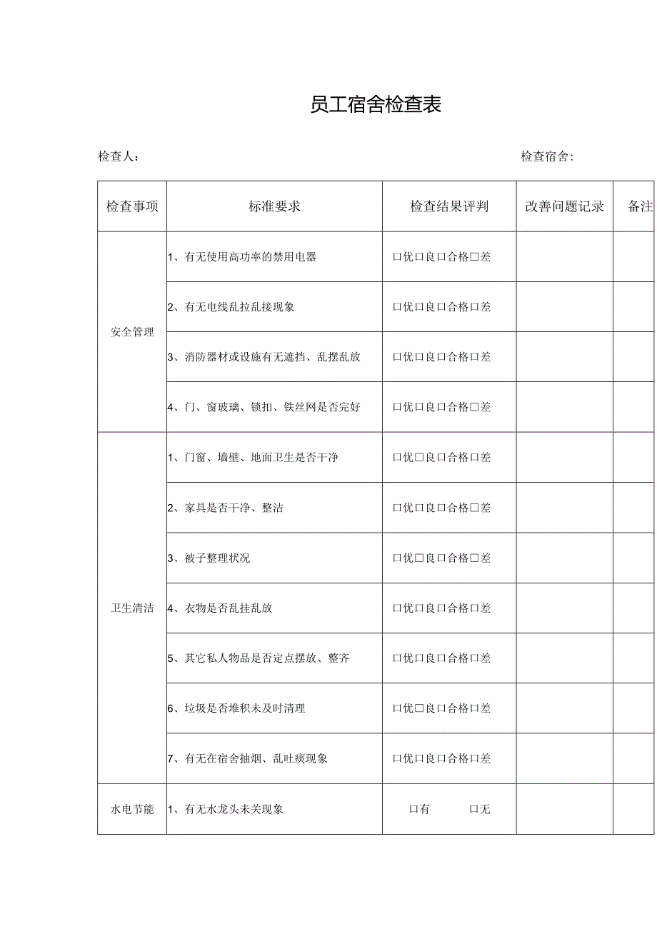 员工宿舍检查表.docx_第1页