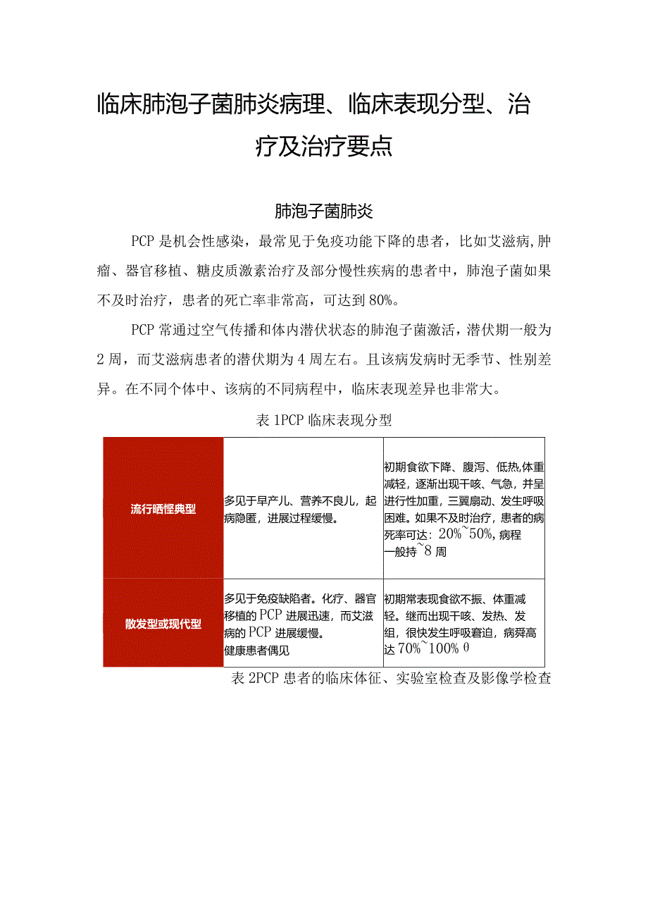 临床肺孢子菌肺炎病理、临床表现分型、治疗及治疗要点.docx_第1页