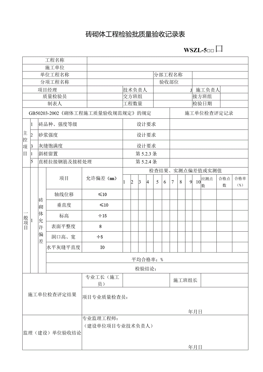 砖砌体工程检验批质量验收记录表.docx_第1页