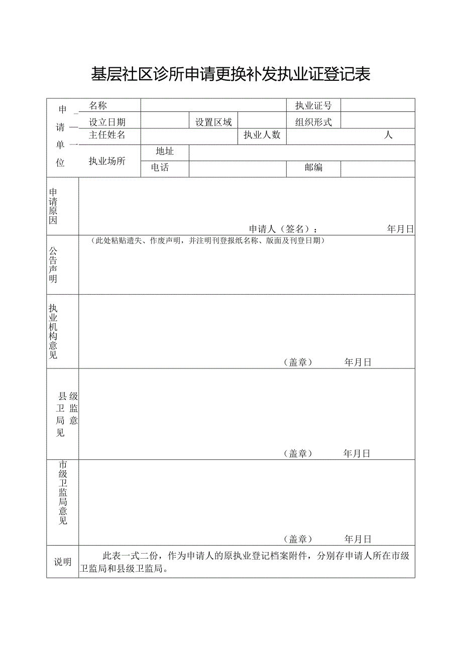 基层社区诊所申请更换补发执业证登记表.docx_第1页