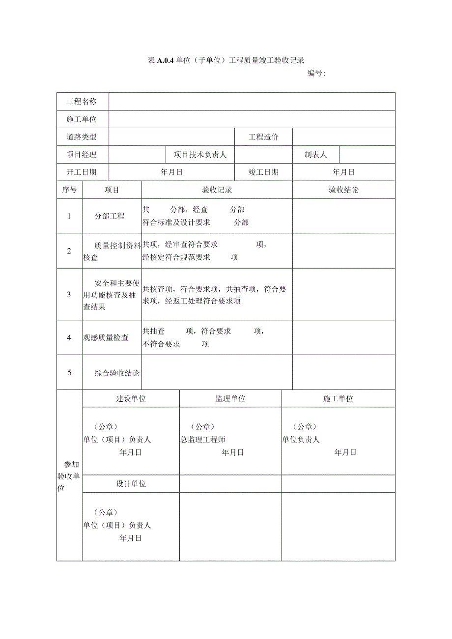 表A04单位（子单位）工程质量竣工验收记录.docx_第1页