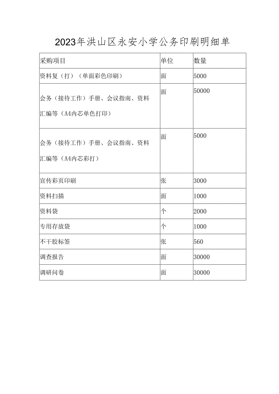 2023年洪山区永安小学公务印刷明细单.docx_第1页