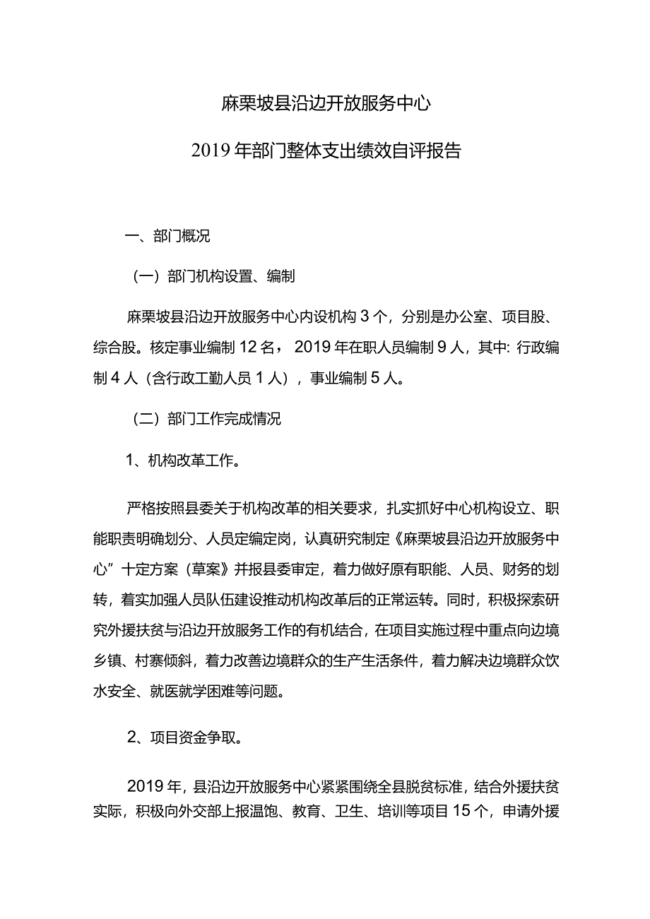 麻栗坡县沿边开放服务中心2019年部门整体支出绩效自评报告.docx_第1页