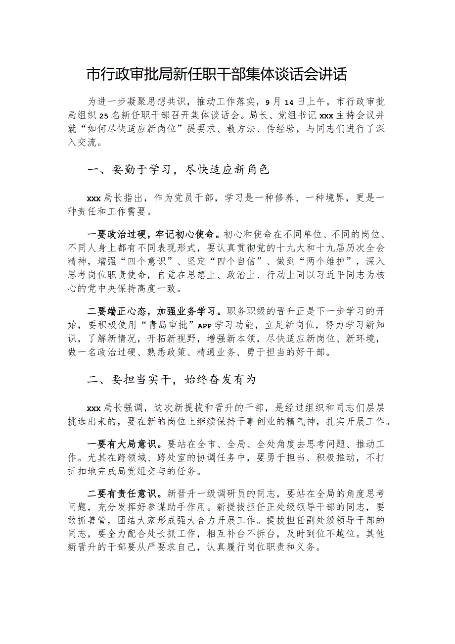 市行政审批局新任职干部集体谈话会讲话.docx_第1页