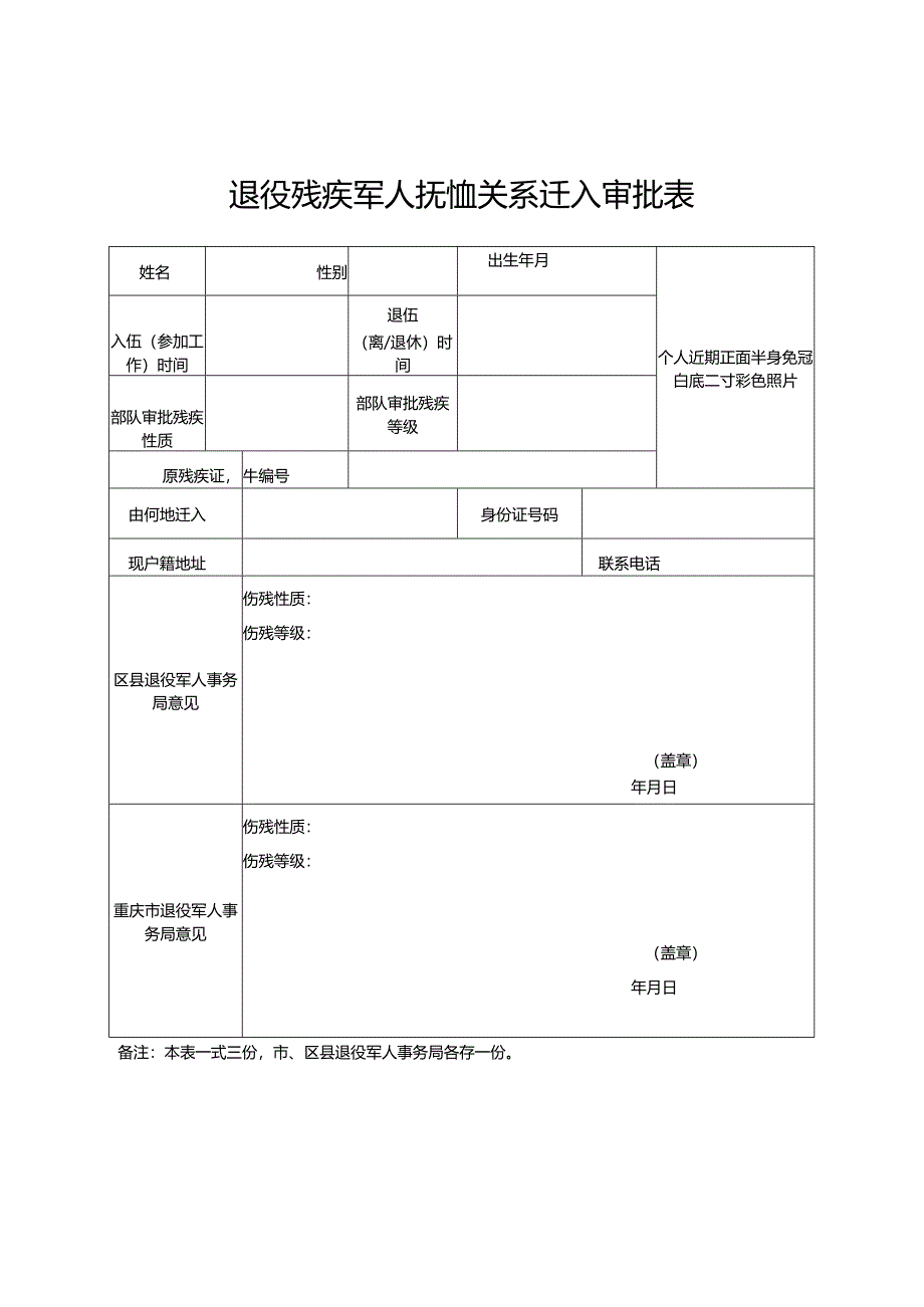 退役残疾军人抚恤关系迁入审批表.docx_第1页