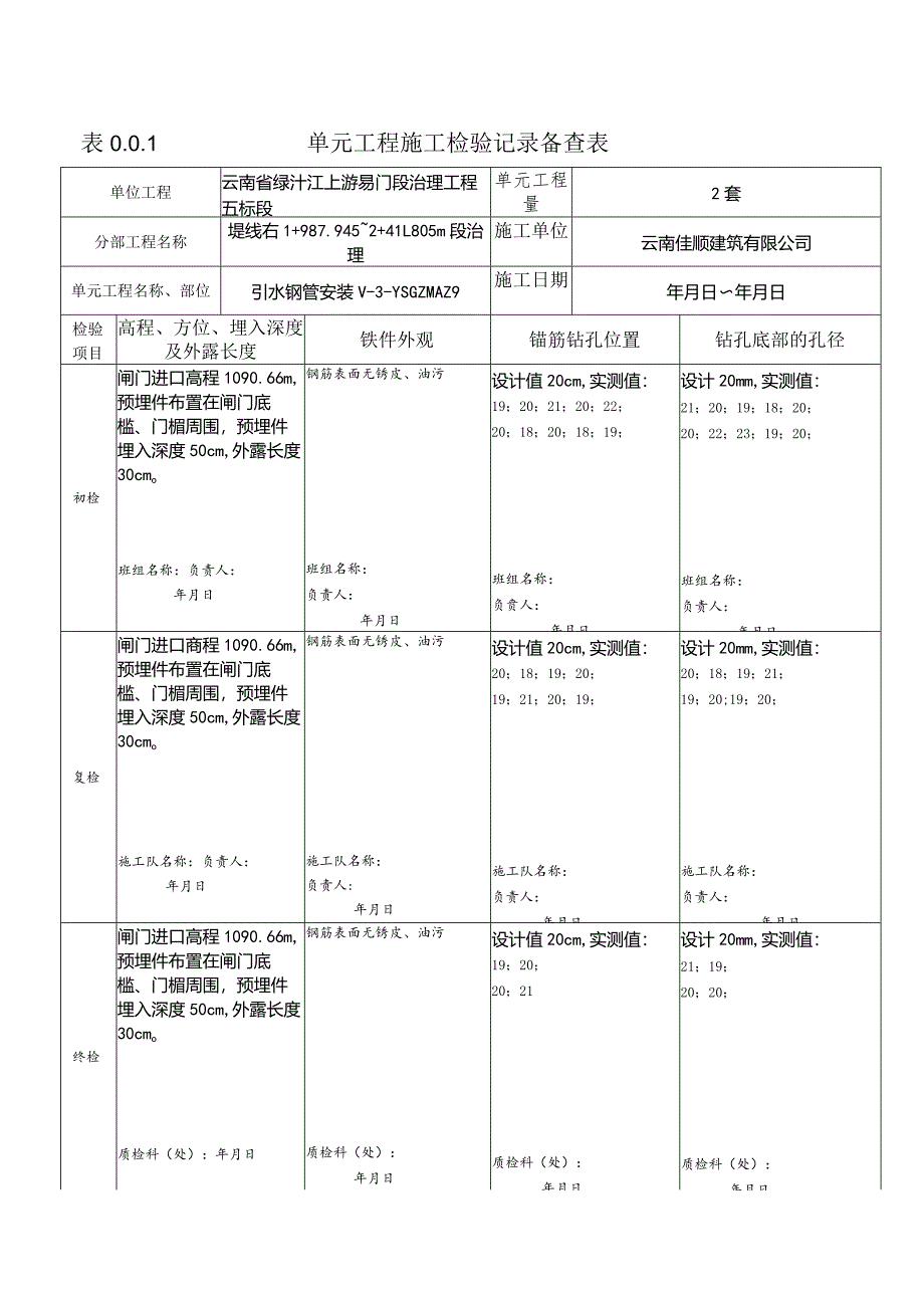 表0.0.1单元工程施工检验记录备查表-副本.docx_第1页