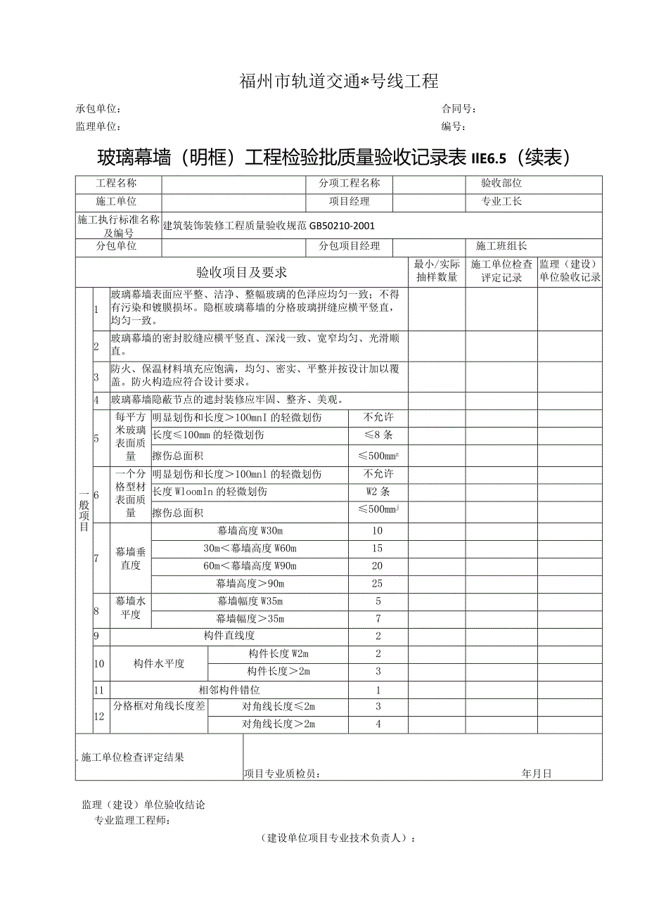 E6.74玻璃幕墙（明框）工程检验批质量验收记录表.docx_第2页