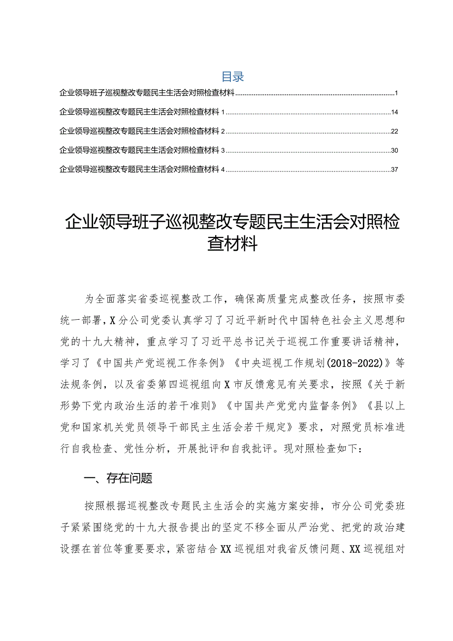 企业领导班子巡视整改专题民主生活会对照检查材料5篇.docx_第1页