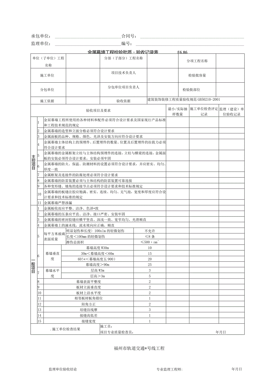 E6.86金属幕墙工程检验批质量验收记录表.docx_第1页