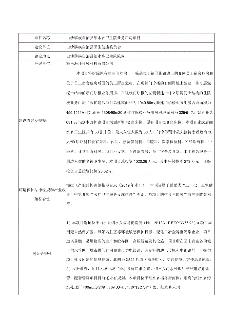 白沙黎族自治县细水乡卫生院业务用房项目环评信息.docx_第1页