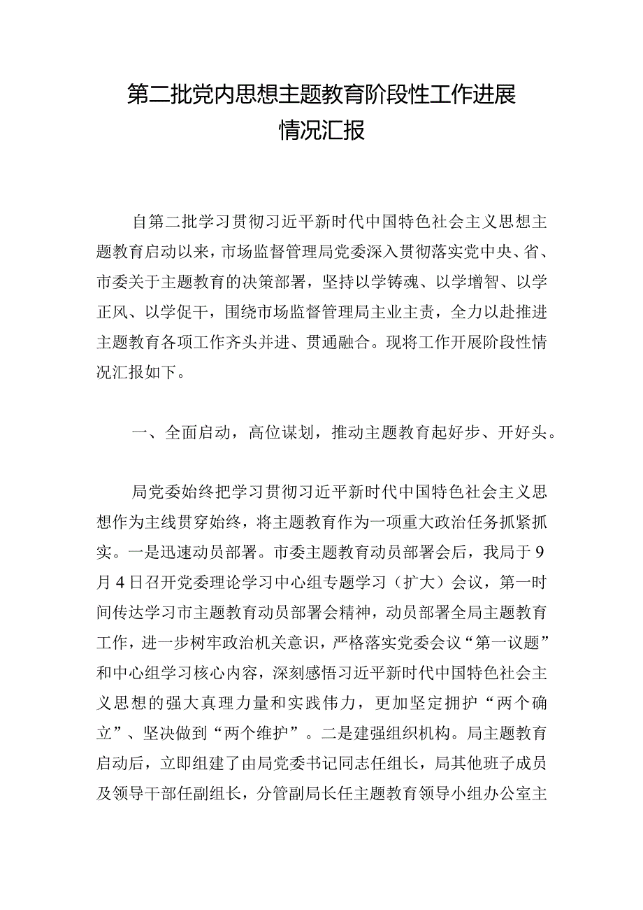 第二批党内思想主题教育阶段性工作进展情况汇报.docx_第1页