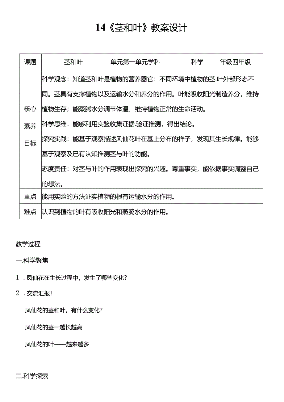 教科版四年级科学下册（核心素养目标）1-4茎和叶教案设计.docx_第1页