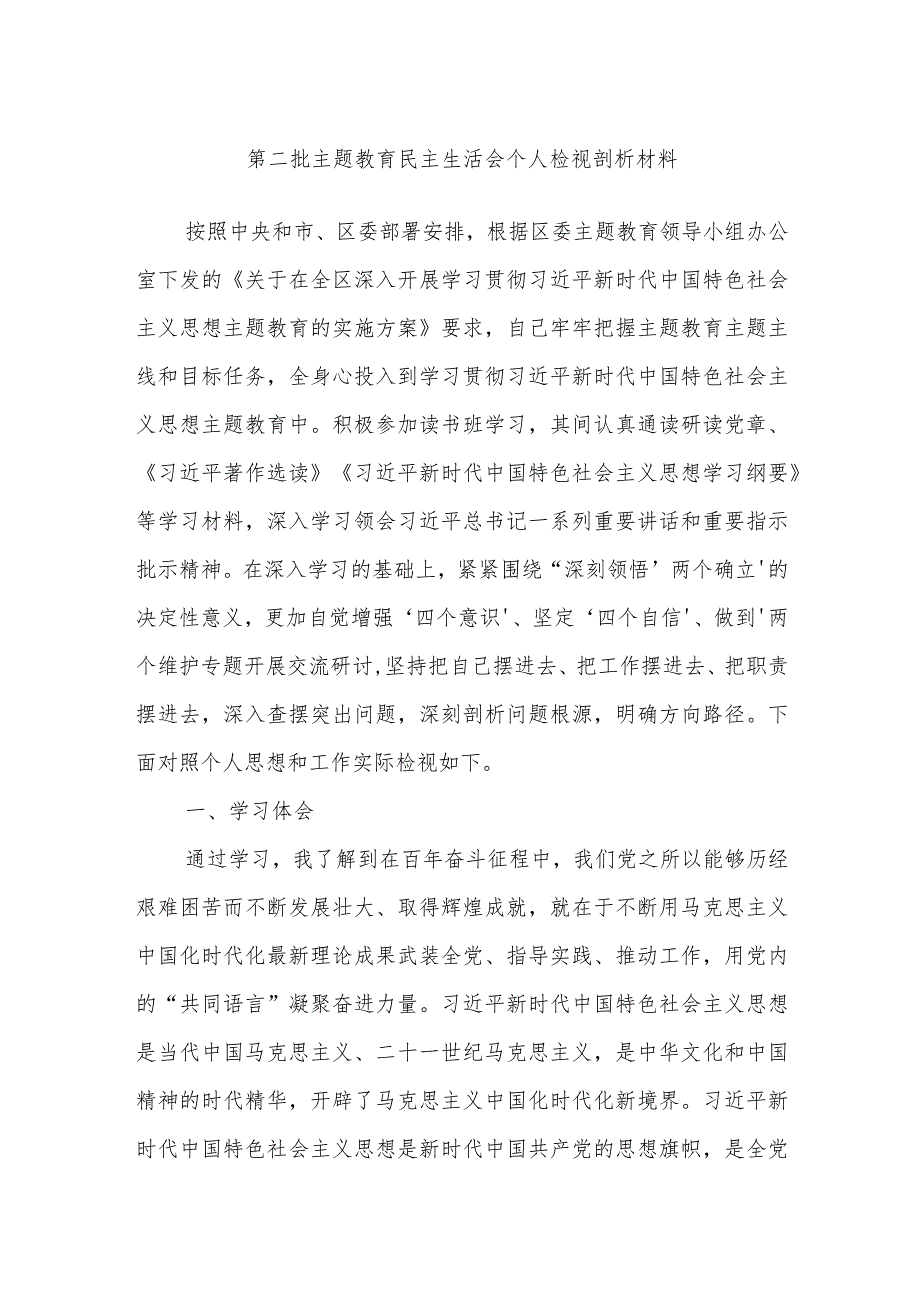 第二批主题教育民主生活会个人检视剖析材料.docx_第1页