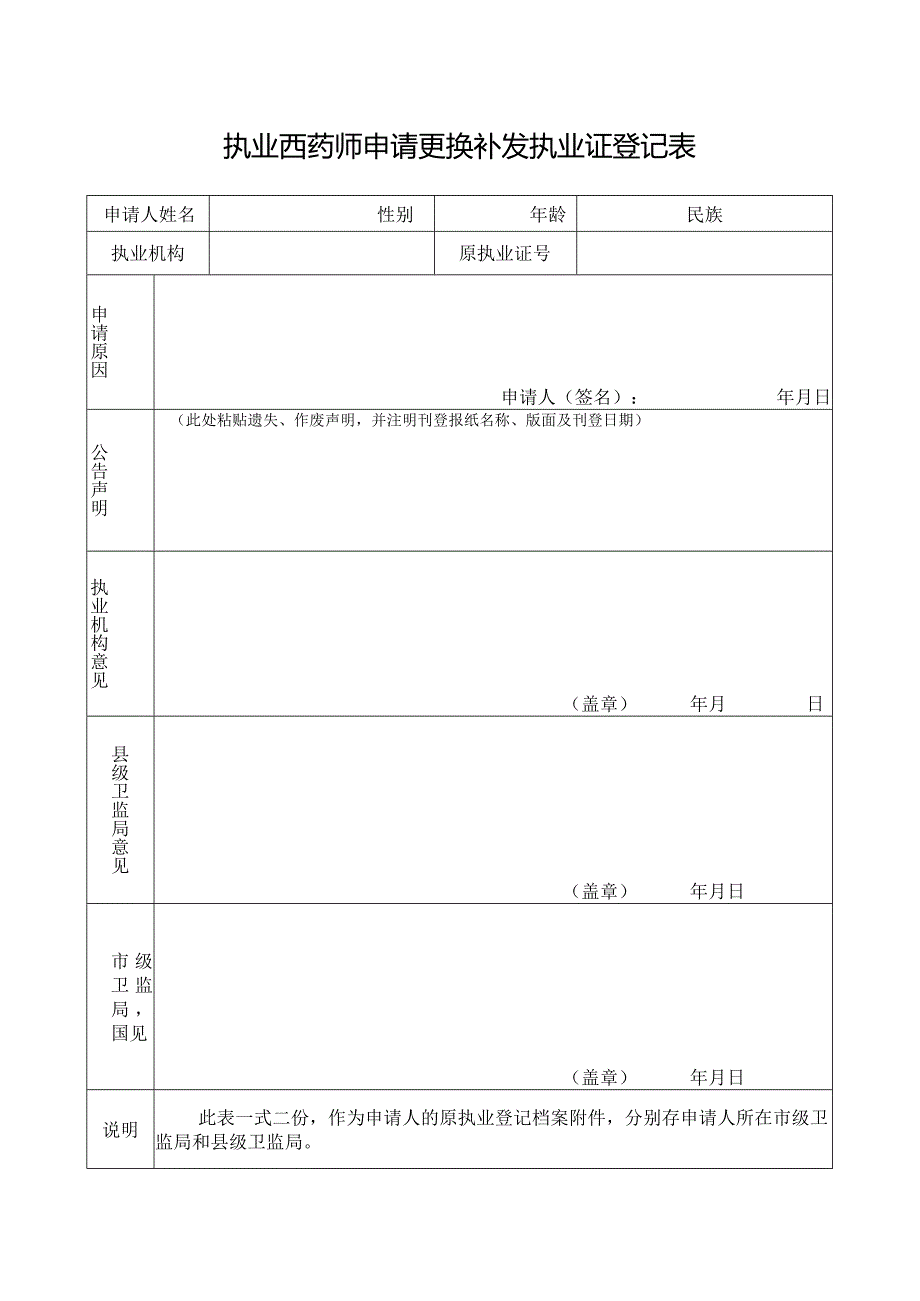 执业西药师申请更换补发执业证登记表.docx_第1页
