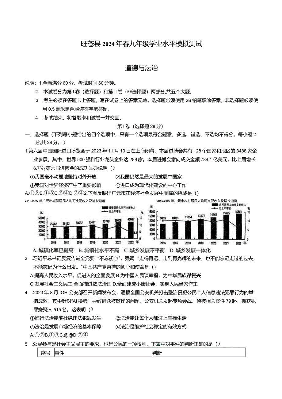 旺苍县2024年春九年级学业水平模拟测试道德与法治试卷.docx_第1页