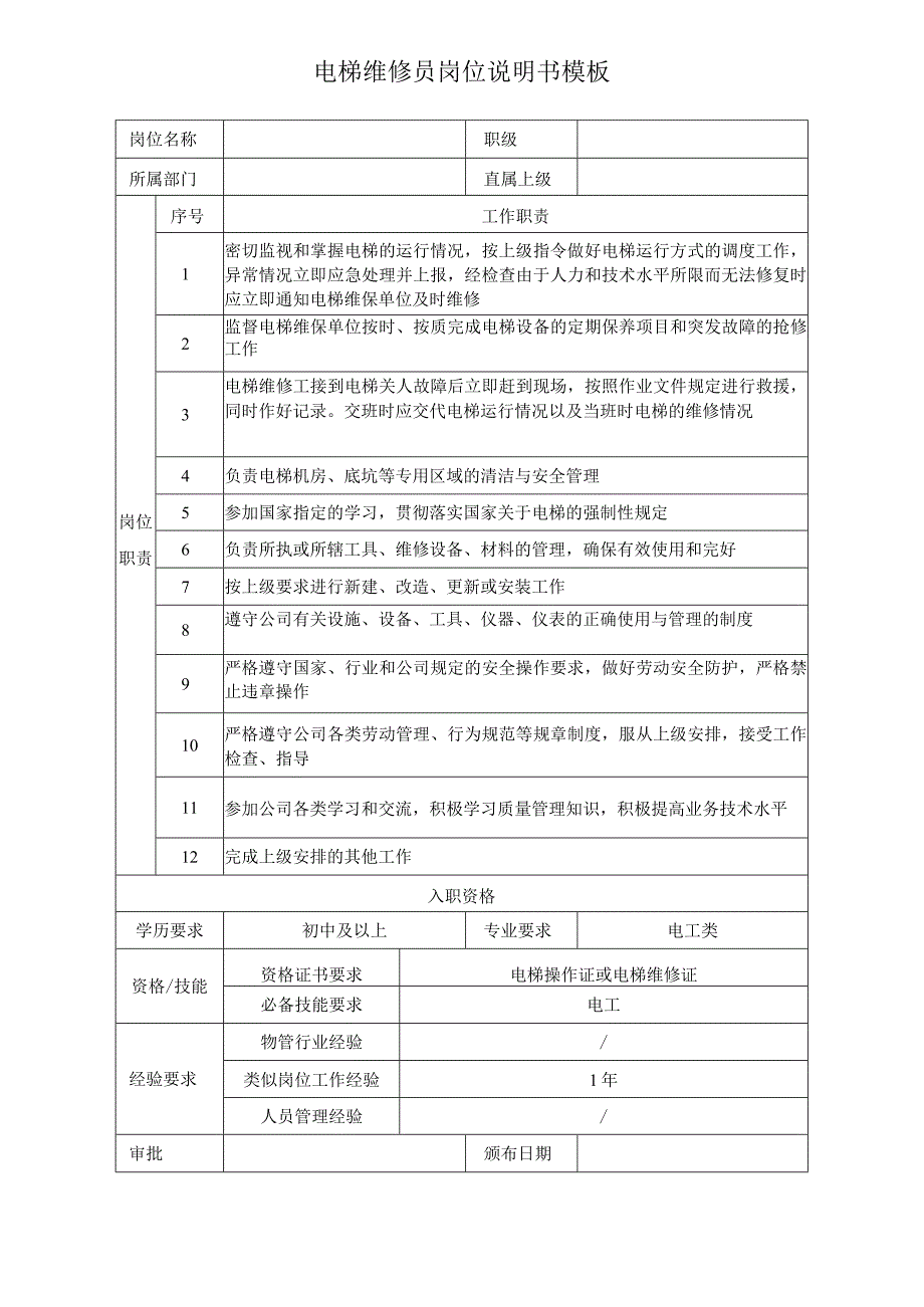 电梯维修员岗位说明书模板.docx_第1页