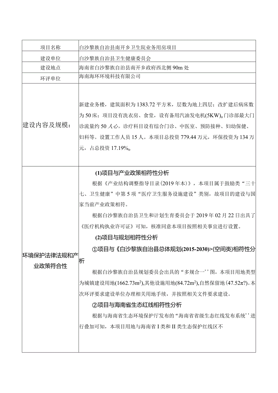 白沙黎族自治县南开乡卫生院业务用房项目环评信息.docx_第1页