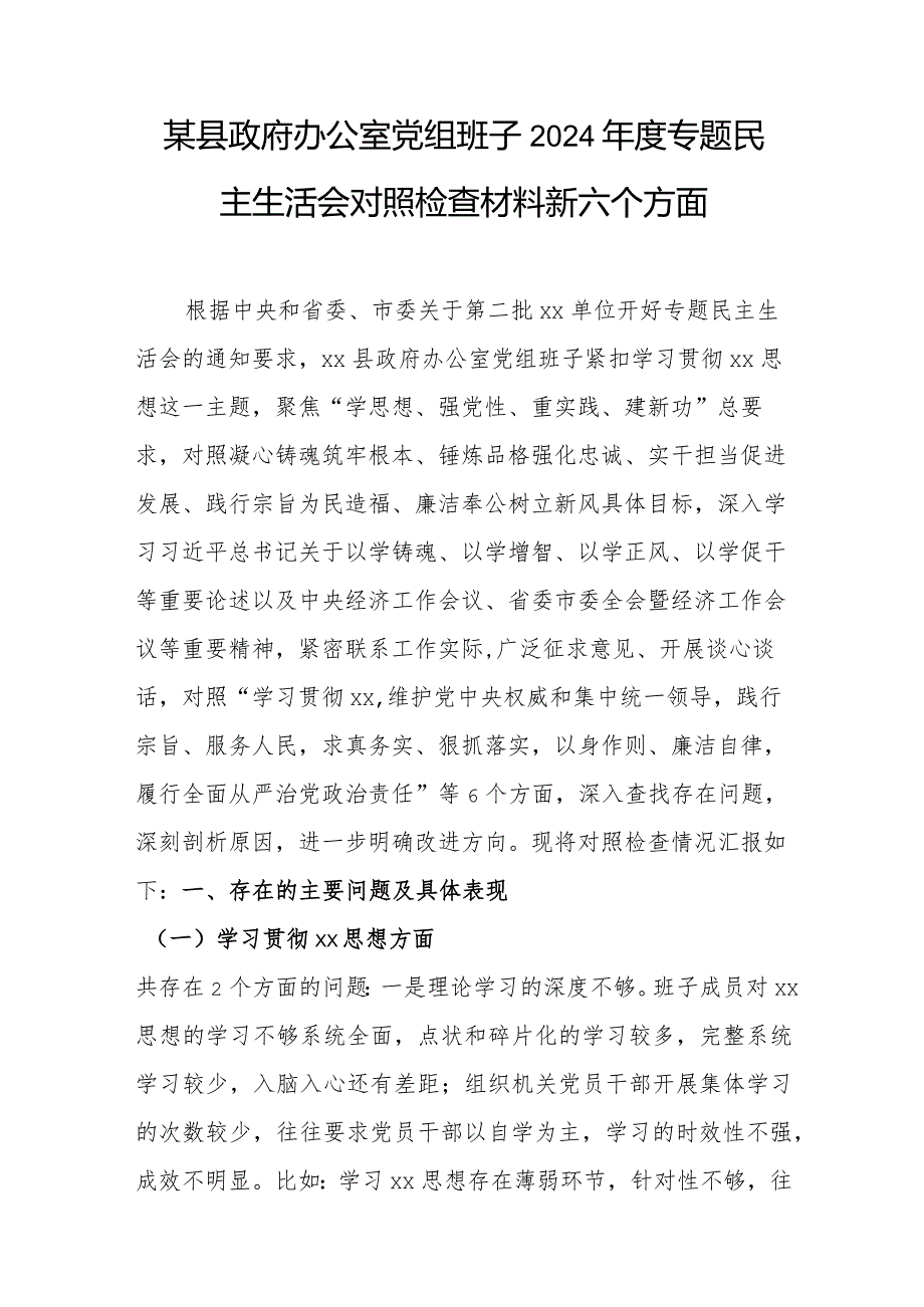 （政府办班子）2024年度主题教育专题民主生活会对照检查材料（践行宗旨等6个方面）.docx_第1页