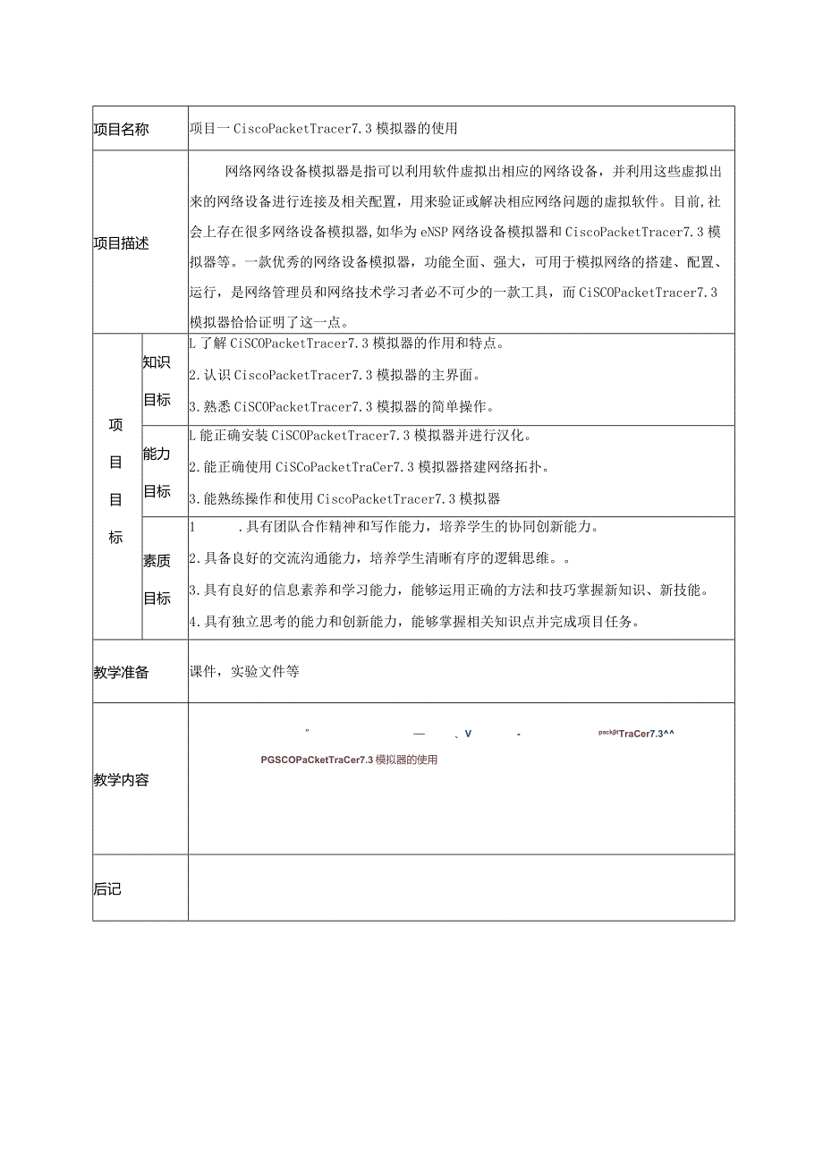 网络设备安装与调试（虚拟仿真PT版）教案项目1.1安装CiscoPacketTracer7.3模拟器---4.2默认路由与浮动路由配置.docx_第1页