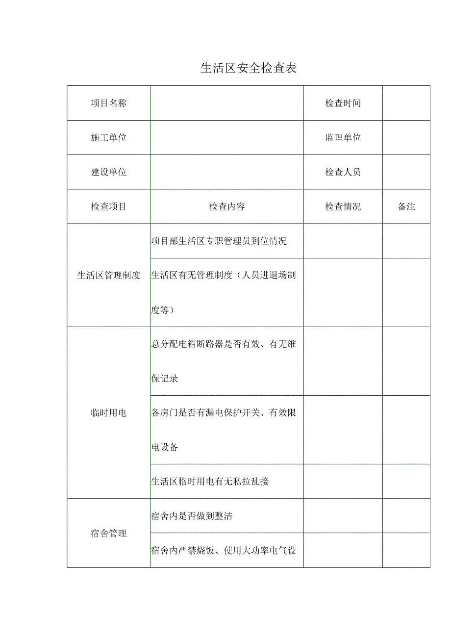 生活区安全检查表.docx_第1页