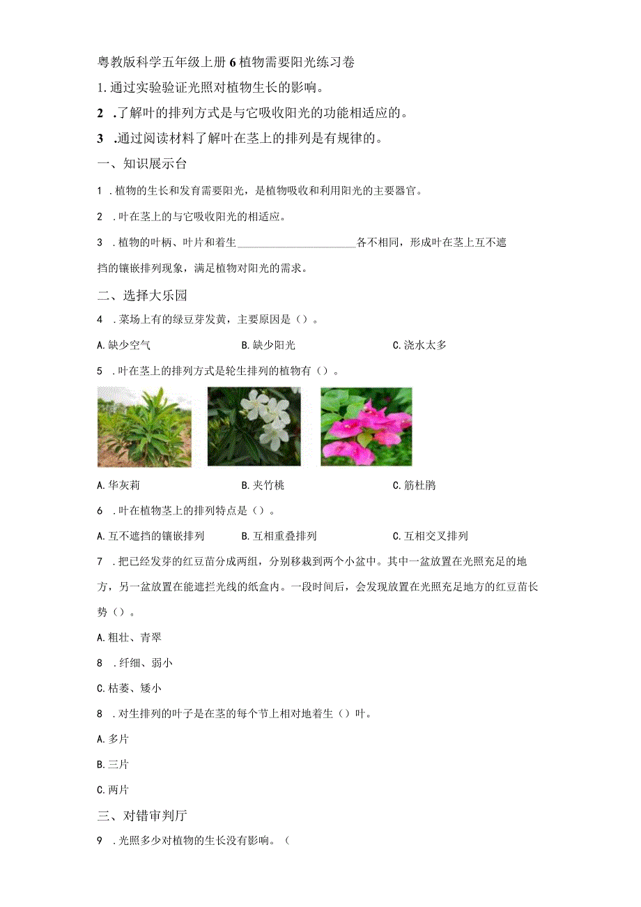 粤教版科学五年级上册6植物需要阳光练习.docx_第1页