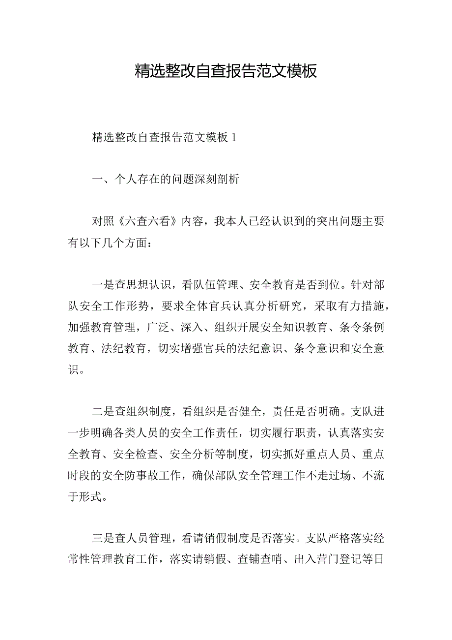 精选整改自查报告范文模板.docx_第1页