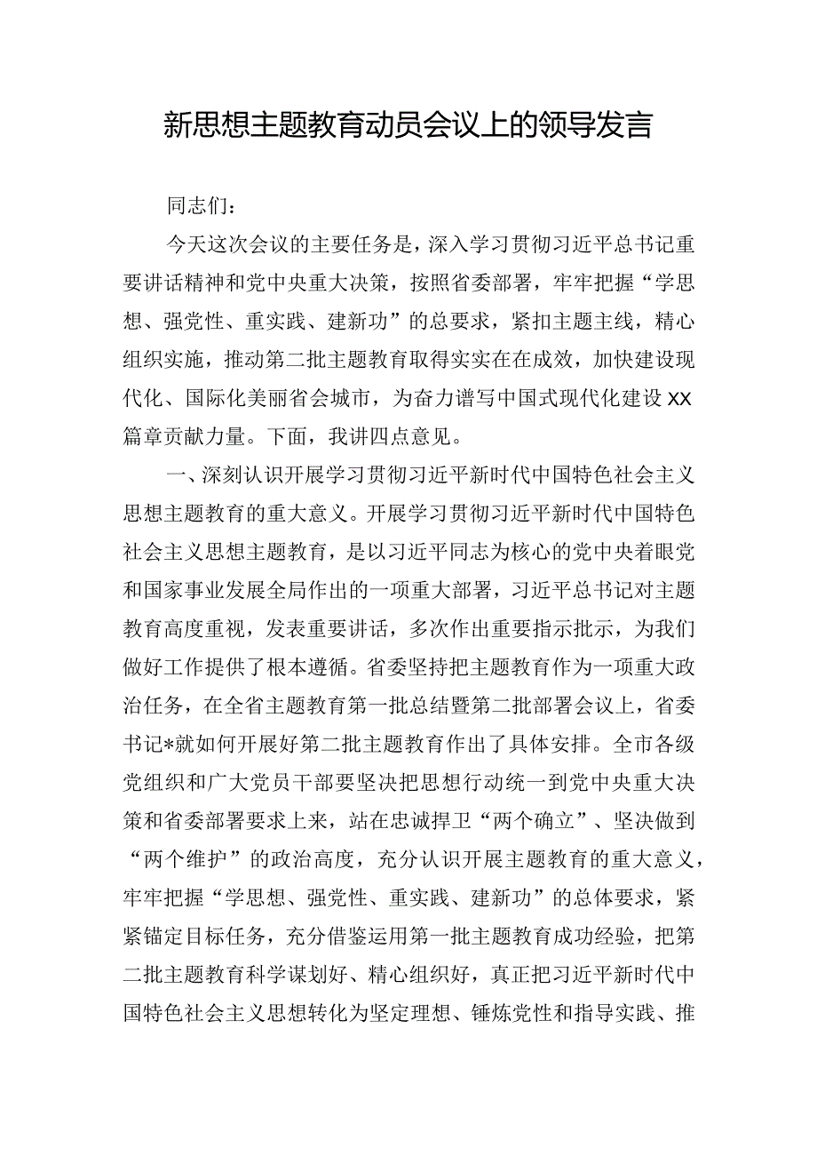 新思想主题教育动员会议上的领导发言.docx_第1页