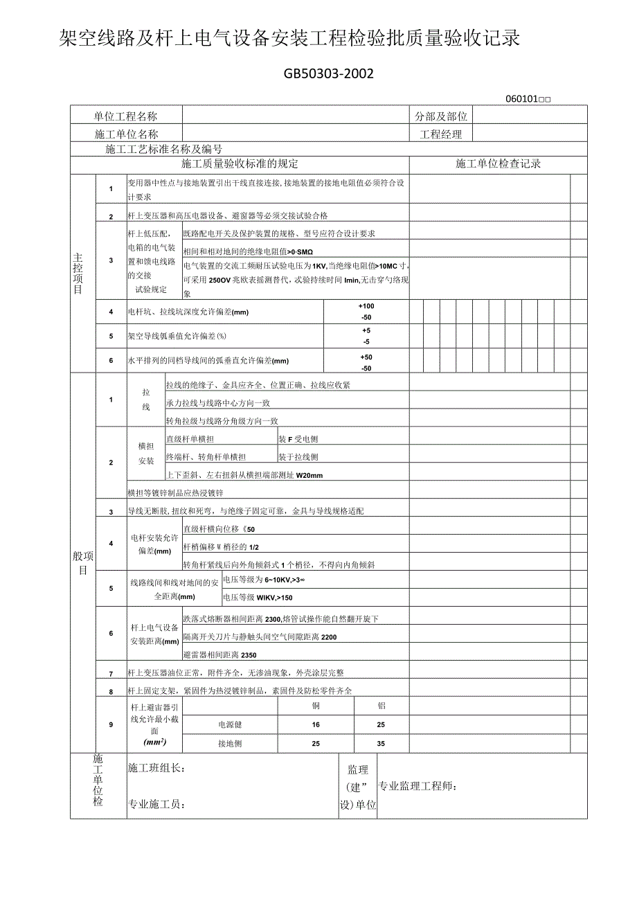 架空线路和杆上电气设置安装工程检验批质量验收记录文本.docx_第1页