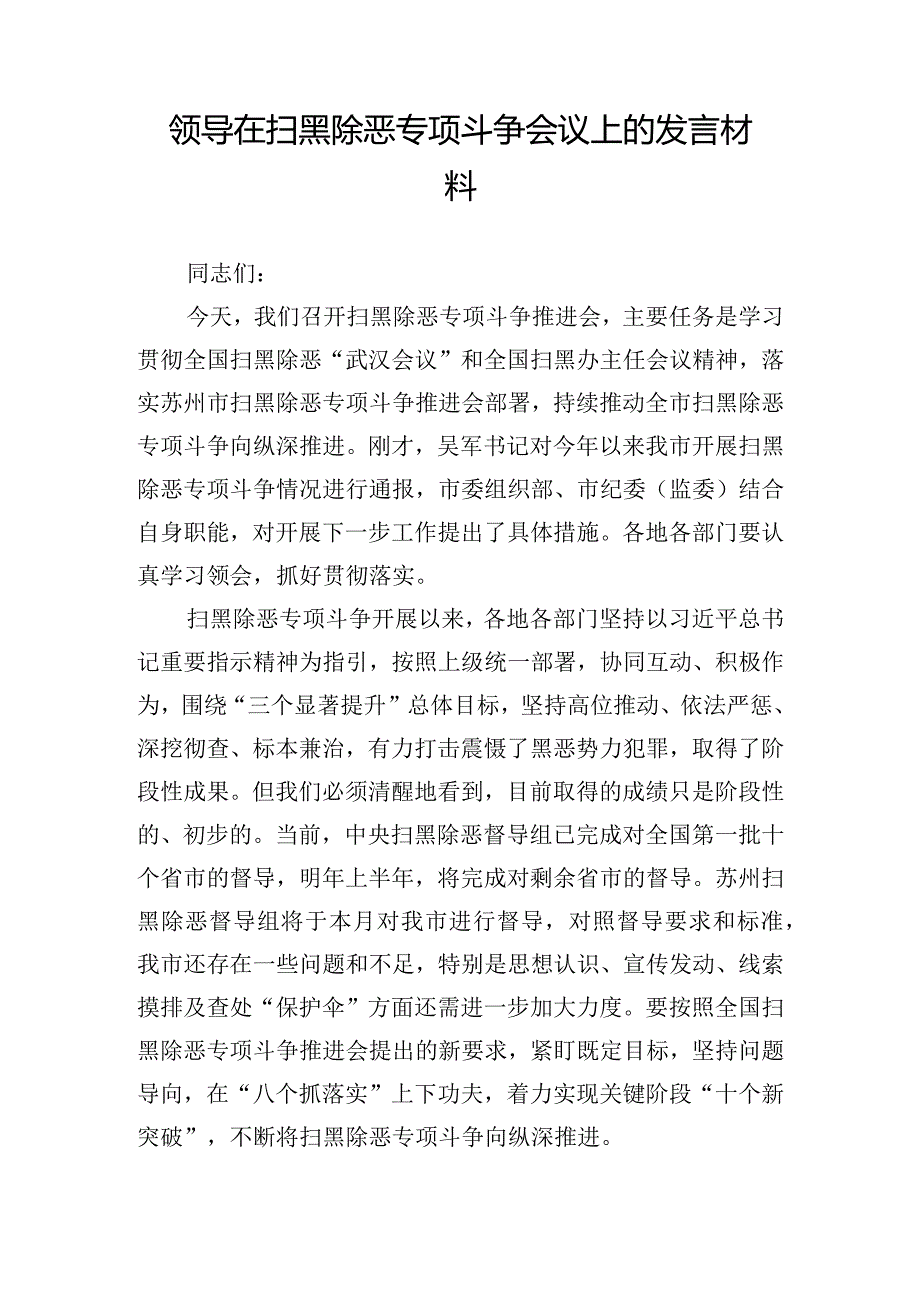 领导在扫黑除恶专项斗争会议上的发言材料.docx_第1页