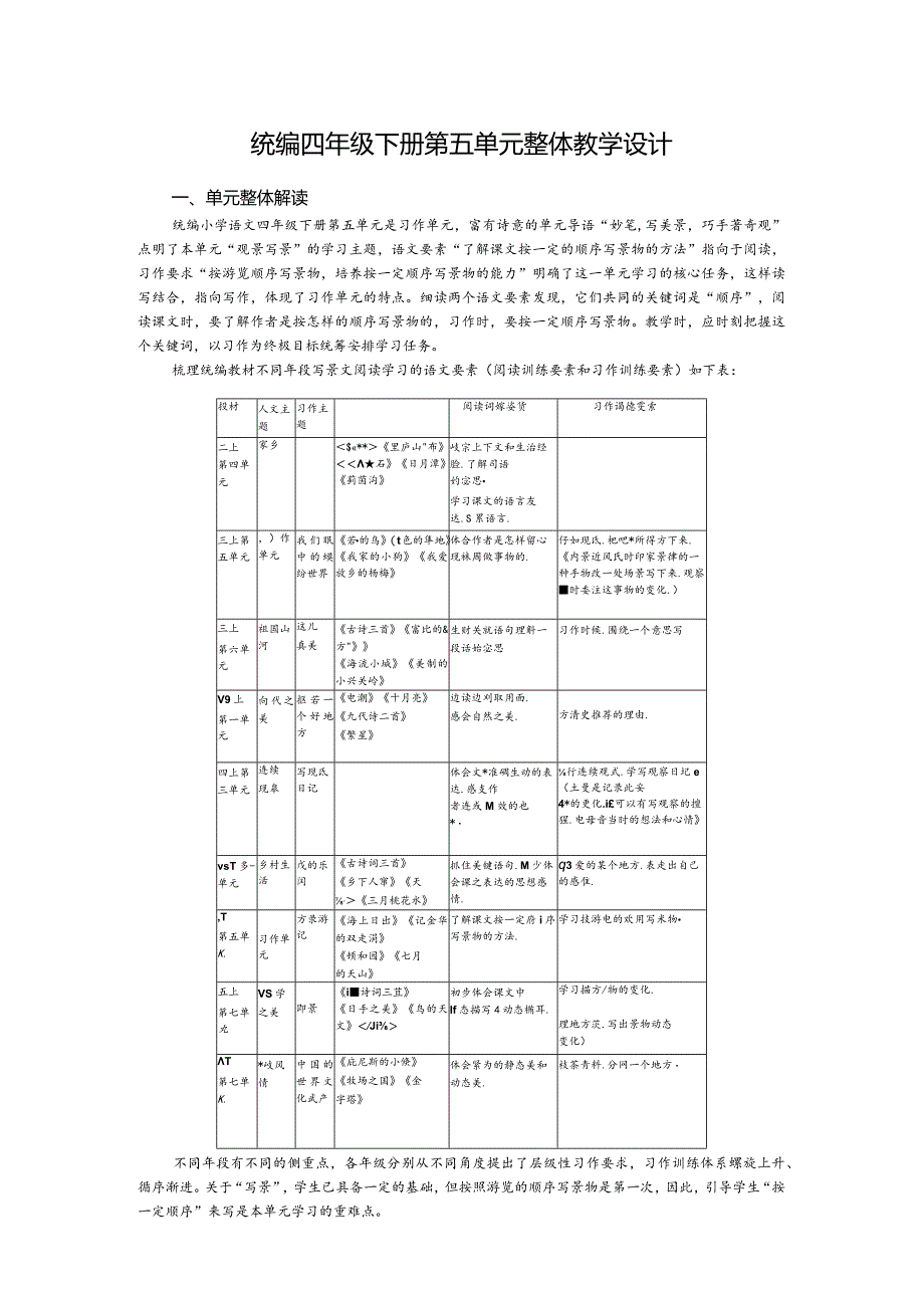 统编四年级下册第五单元整体教学设计.docx_第1页