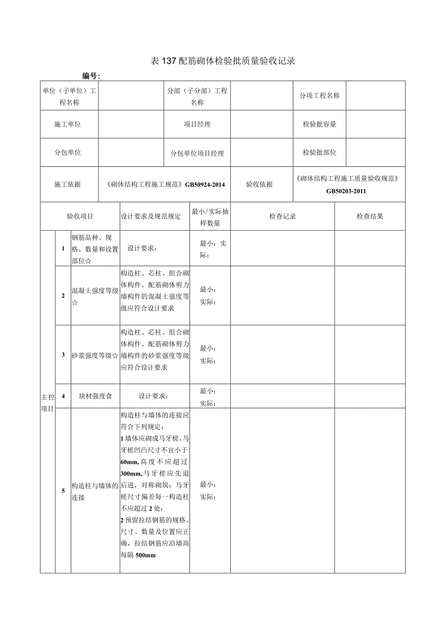 表137配筋砌体检验批质量验收记录.docx_第1页