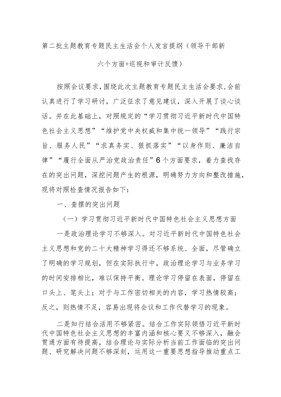 第二批主题教育专题民主生活会个人发言提纲（领导干部新六个方面+巡视和审计反馈）.docx_第1页