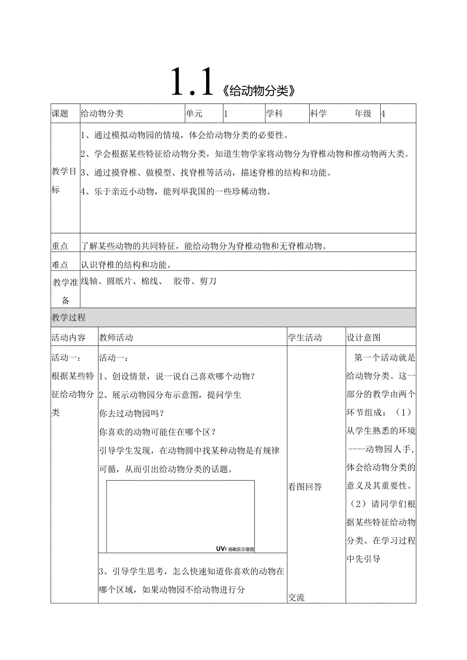 科学苏教版四年级上册1《给动物分类》教学设计（表格式）.docx_第1页