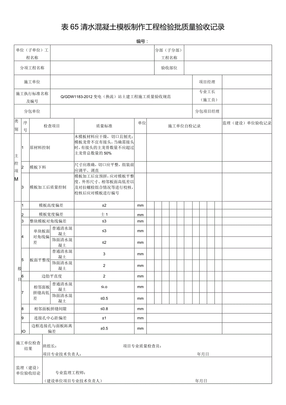 表65清水混凝土模板制作工程检验批质量验收记录.docx_第1页