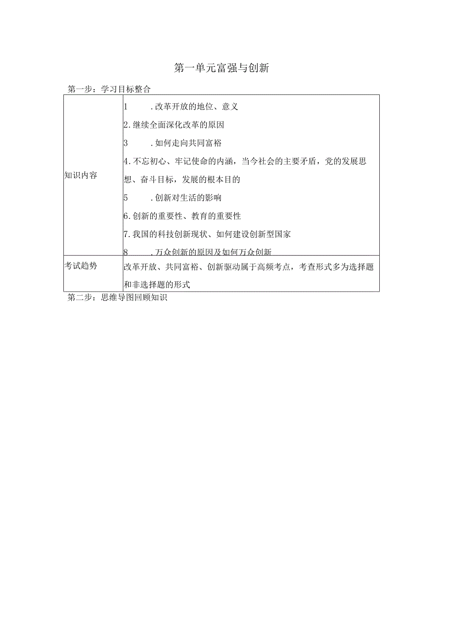 第一单元富强与创新复习学案-九年级道德与法治上册.docx_第1页