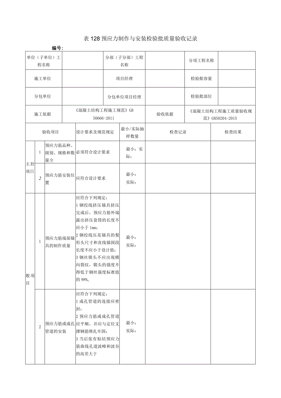 表128预应力制作与安装检验批质量验收记录.docx_第1页