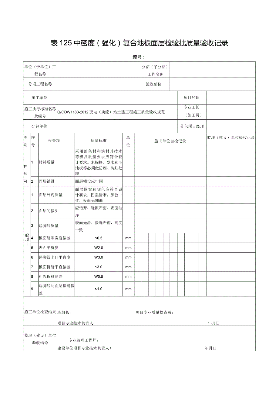 表125中密度（强化）复合地板面层检验批质量验收记录.docx_第1页