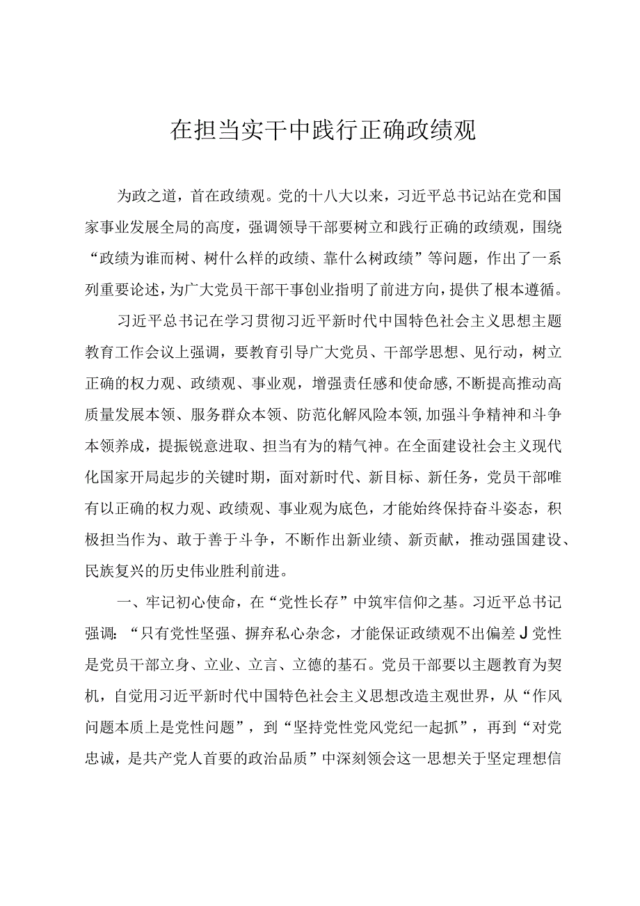 第二批主题教育研讨交流发言提纲《在担当实干中践行正确政绩观》.docx_第1页