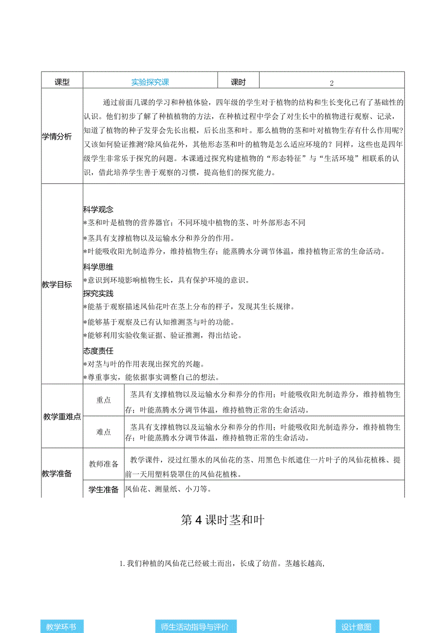 茎和叶核心素养目标教案表格式新教科版科学四年级下册.docx_第1页