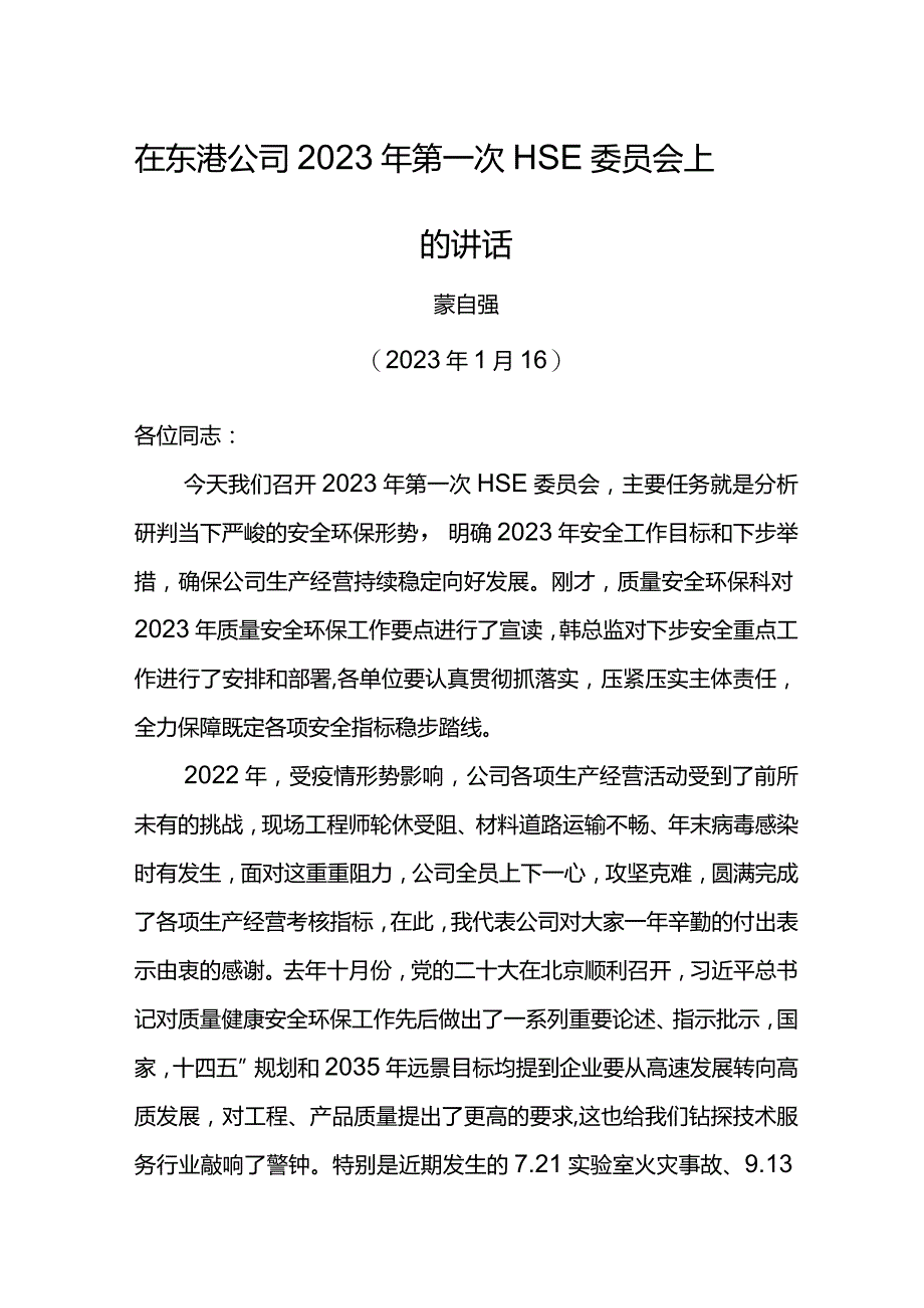 经理在东港公司2023年第一次HSE委员会上的讲话.docx_第1页