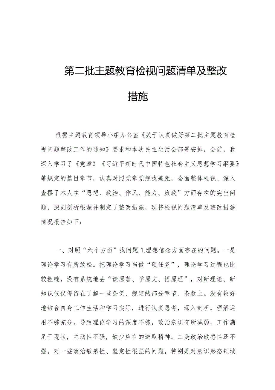 第二批主题教育检视问题清单及整改措施.docx_第1页