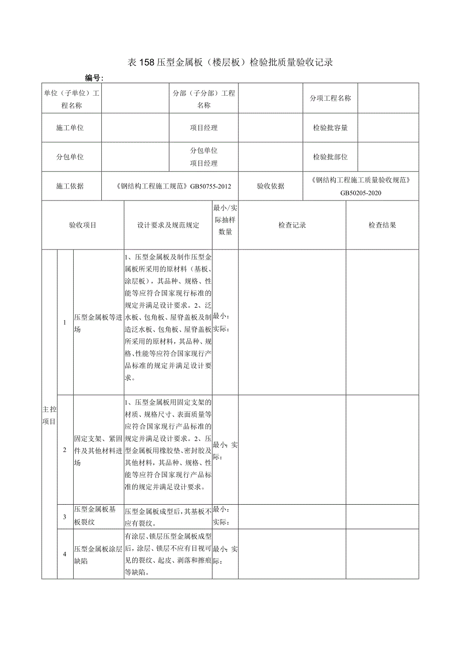 表158压型金属板（楼层板）检验批质量验收记录.docx_第1页