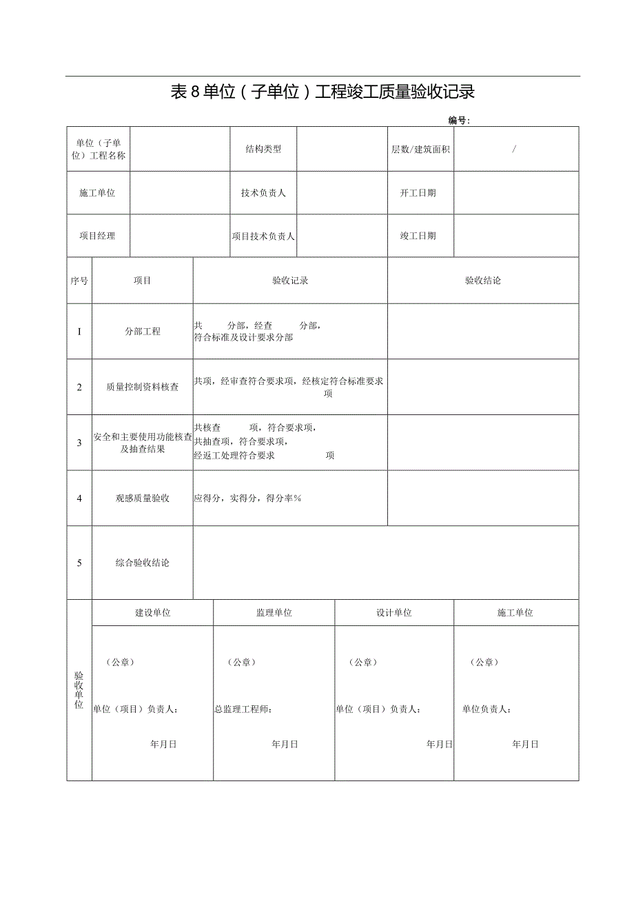 表8_________单位（子单位）工程竣工质量验收记录表.docx_第1页