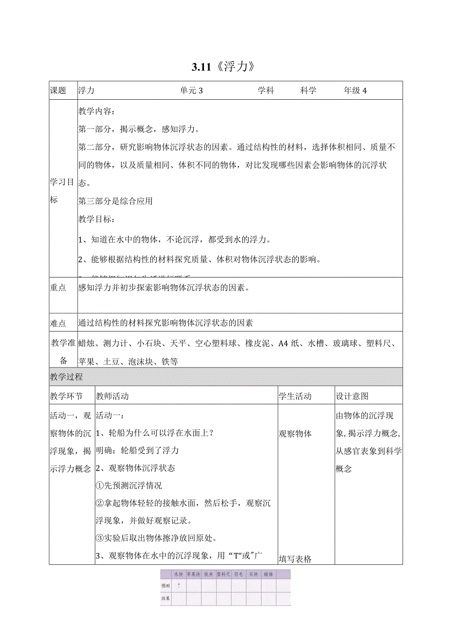 科学苏教版四年级上册11《浮力》教学设计.docx_第1页