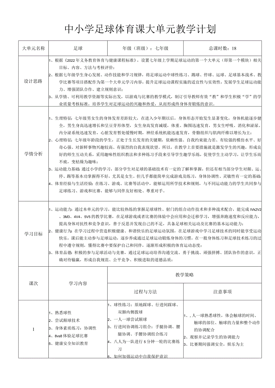 第三章足球大单元教学计划人教版初中体育与健康七年级全一册.docx_第1页