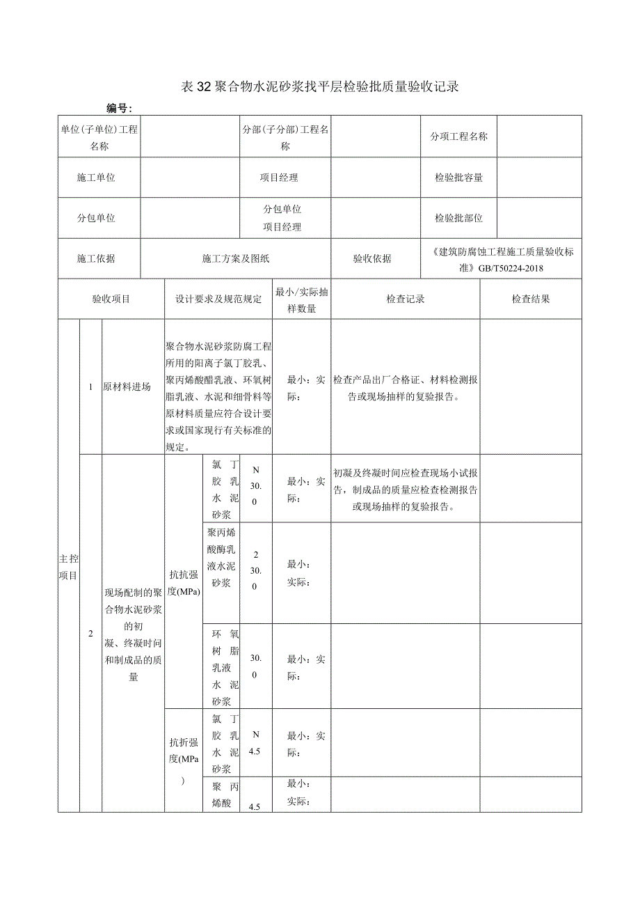 表32聚合物水泥砂浆找平层检验批质量验收记录.docx_第1页